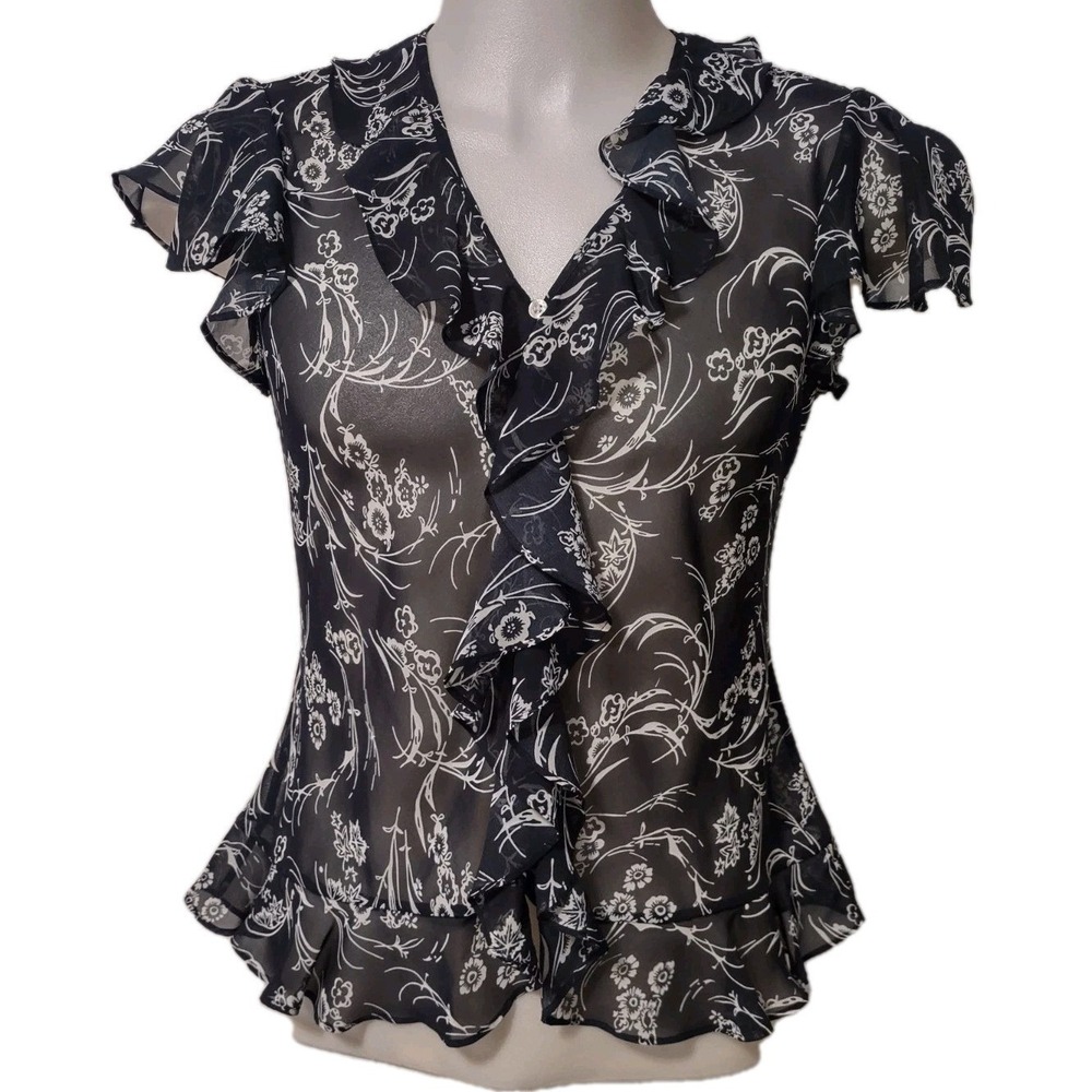 Chaps Blouse Womens Size 12 Flutter Sleeve Button Sheer Black White Foral Ruffle